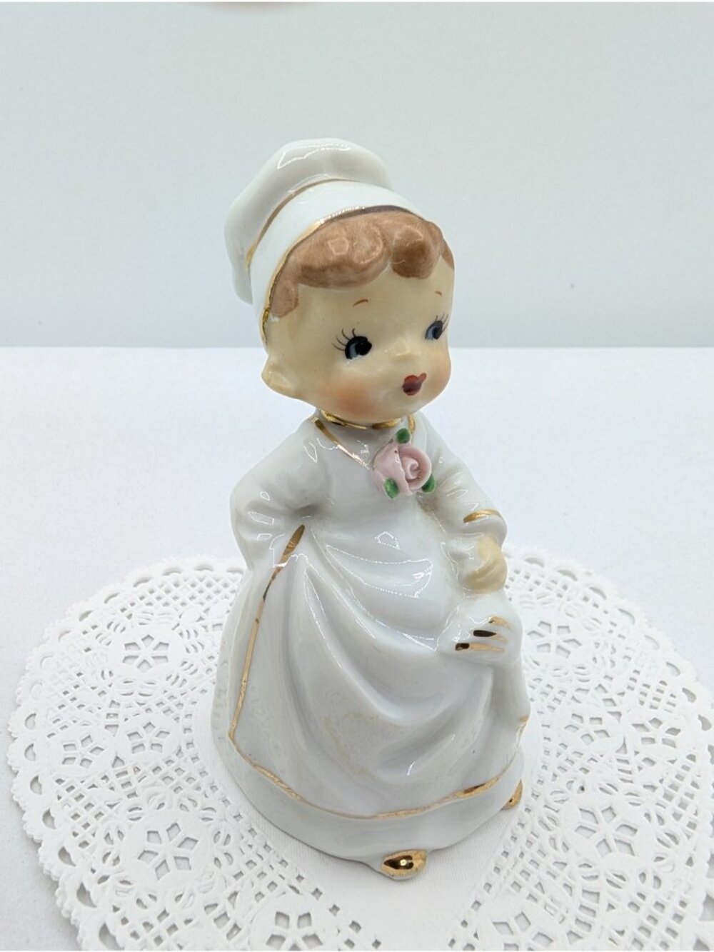 Vtg Figurine Bell Girl Japan Chef Holding Duck Goose White Gold Trim 4.5"